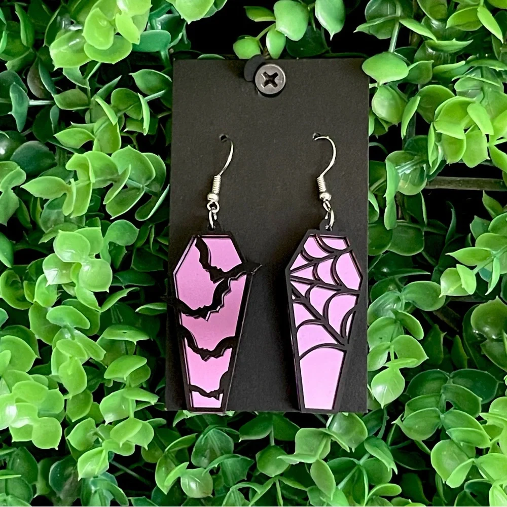 Coffin Bats and Webs Dangling Earrings Halloween purple and black NEW